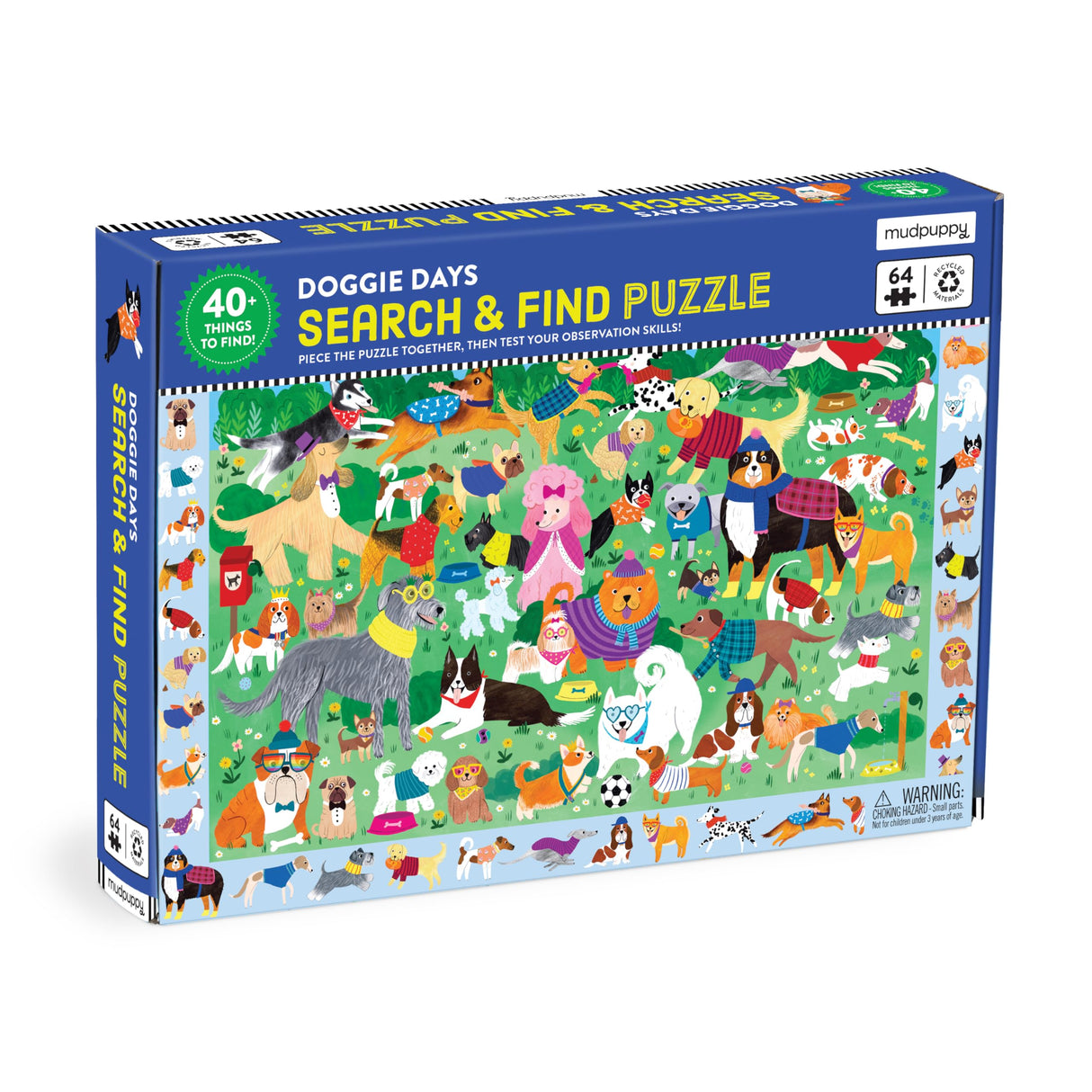Mudpuppy Doggie Days — 64 Piece Search & Find Puzzle Jigsaw Puzzle Featuring A Variety of Dogs and Puppies and Over 40 Hidden Images to Find for Ages 4+ Mudpuppy