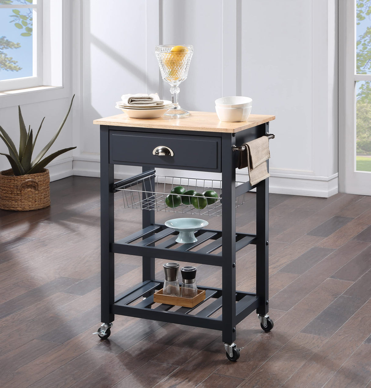 OSP Home Furnishings Hampton Kitchen Cart with Wood Top, Utensil Drawer, Under Cabinet Basket, and 2 Slatted Shelves, Blue Stone Base Office Star Products