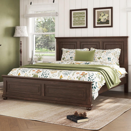 Mirightone Farmhouse King Bed Frame with Tall Headboard, Wood Platform Bed and Footboard, Mid-Centery Rustic King Panel Beds with Slats Support, No Box Spring Needed, Rustic Brown Mirightone