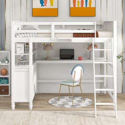 Full Size Solid Wood Loft Bed with Desk, Storage Drawers, and Safety Guardrails - White - WoodArtSupply