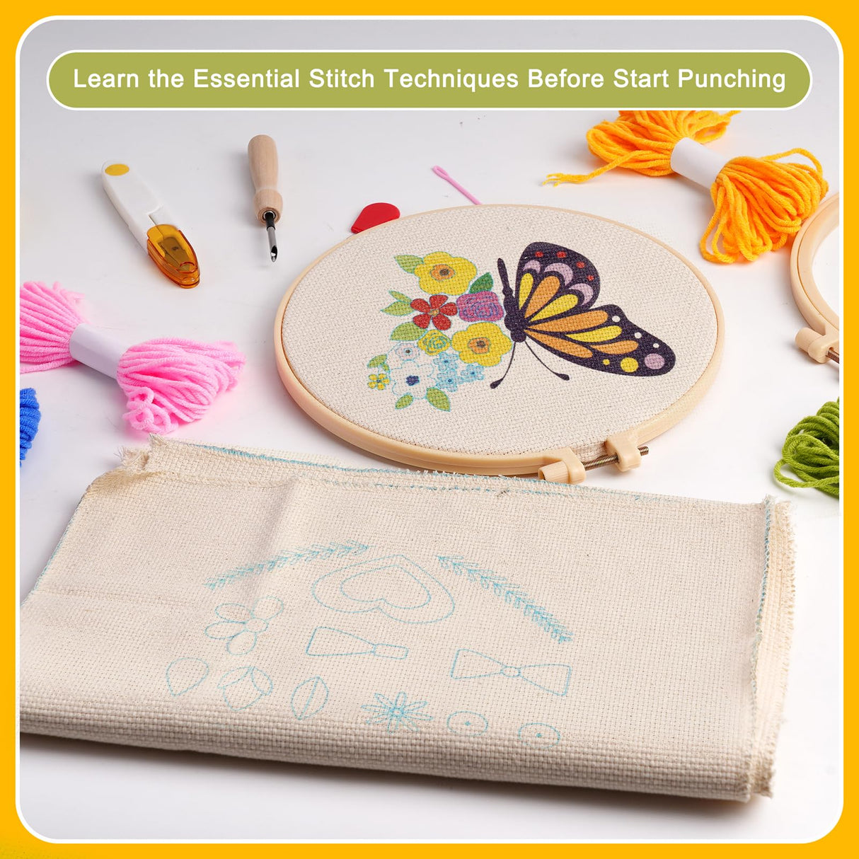 Pllieay 3 Sets Punch Needle Kits, Punch Needle Embroidery Kit for Beginners Including Embroidery Fabric with Pre-Printed Pattern, Hoop, Yarns and Tools Pllieay