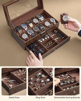SONGMICS 12-Slot Watch Box, Lockable Watch Case with Glass Lid, 2 Layers, with 1 Drawer for Rings, Bracelets, Gift Idea, Brown Synthetic Leather, Brown Lining UJWB012K01 SONGMICS