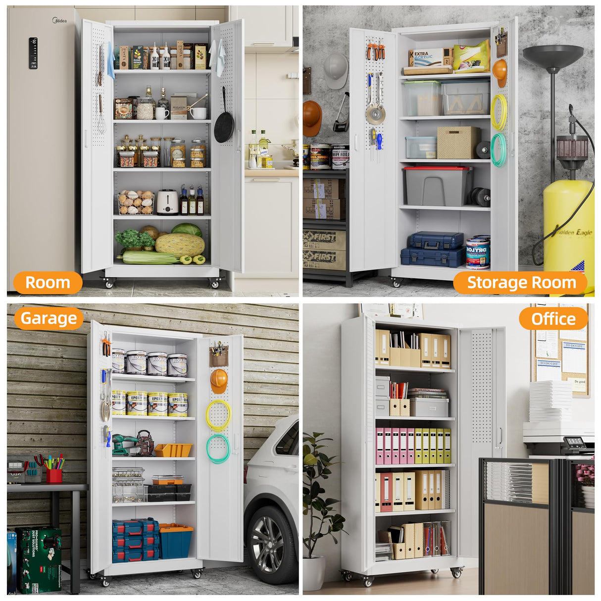 Aobabo 73" H Metal Storage Cabinet with Wheels for Garage, Locking Steel Storage Cabinet with 4 Shelves and Hooks, for Home Office, White, Assembly Required Aobabo