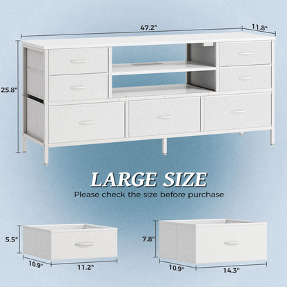 Huuger Dresser for Bedroom with Power Outlets and LED Lights, 7 Drawers TV Stand Dresser for 55 Inch TV, 47 Inches TV Console with Open Shelf, Wide White Dresser, PU Leather, for Bedroom