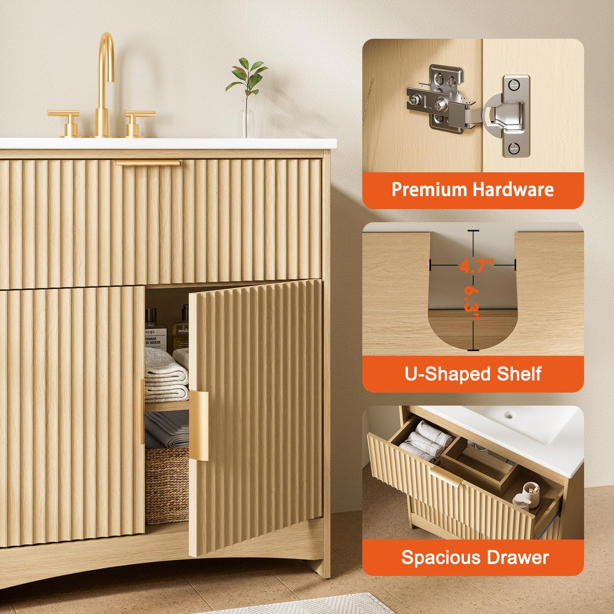 Amada 30″ Bathroom Vanity with Ceramic Sink, Modern Undermount Vanity Sink Cabinet with 2 Doors and 1 Drawer, Fluted Free Standing Bathroom Storage Cabinet with Sink Combo Set, Natural Oak AMADA HOMEFURNISHING