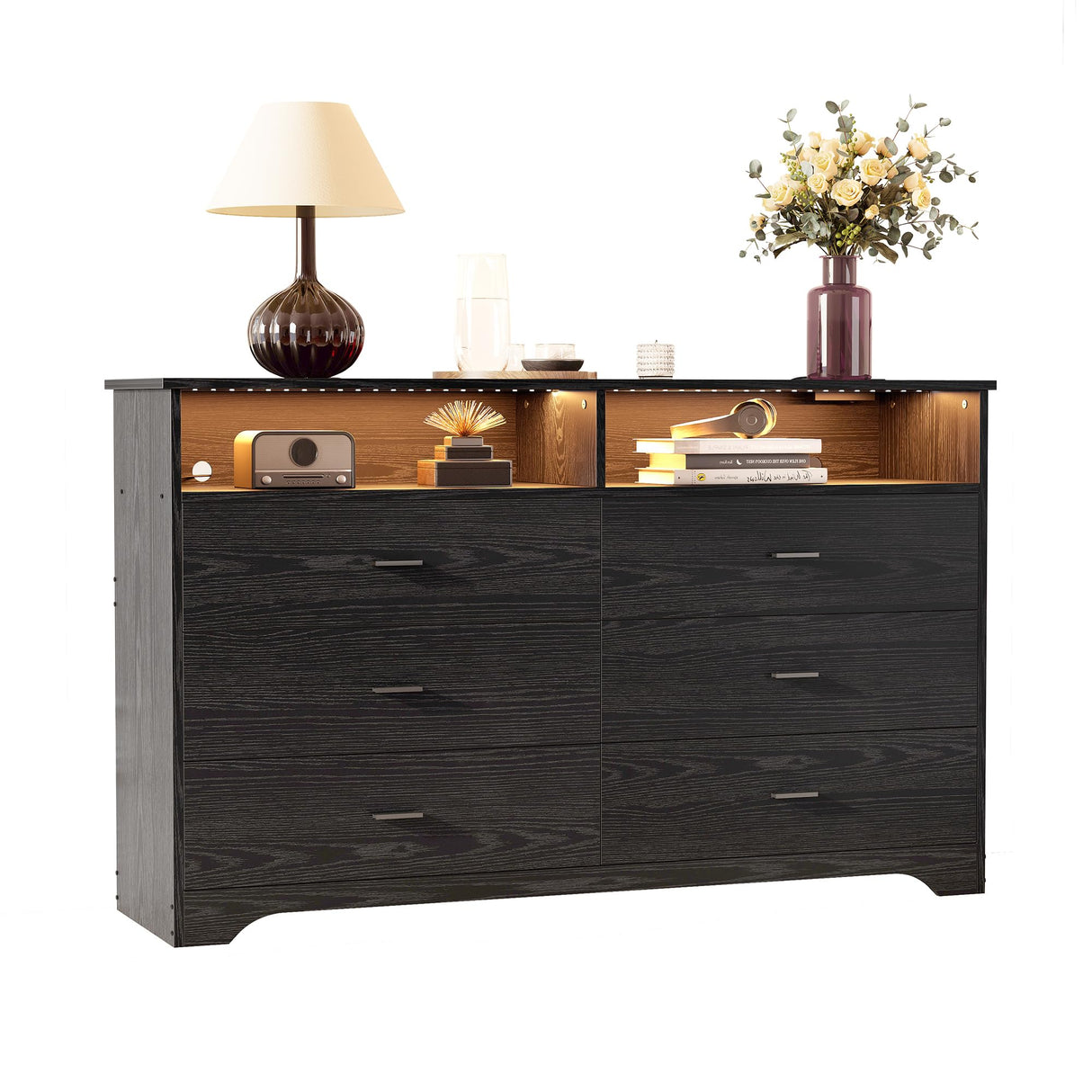 LIKIMIO 6 Drawer 59" Black Dresser with LED and Power Strip, Dressers & Chests of Drawers with Storage Cabinet for Bedroom LIKIMIO