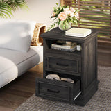 LIKIMIO Farmhouse Nightstand with Storage Drawers and Open Shelf, Small End Tables Living Room, Rustic Wood Side Tables for Bedroom, Roman Column Design, Charcoal Grey LIKIMIO