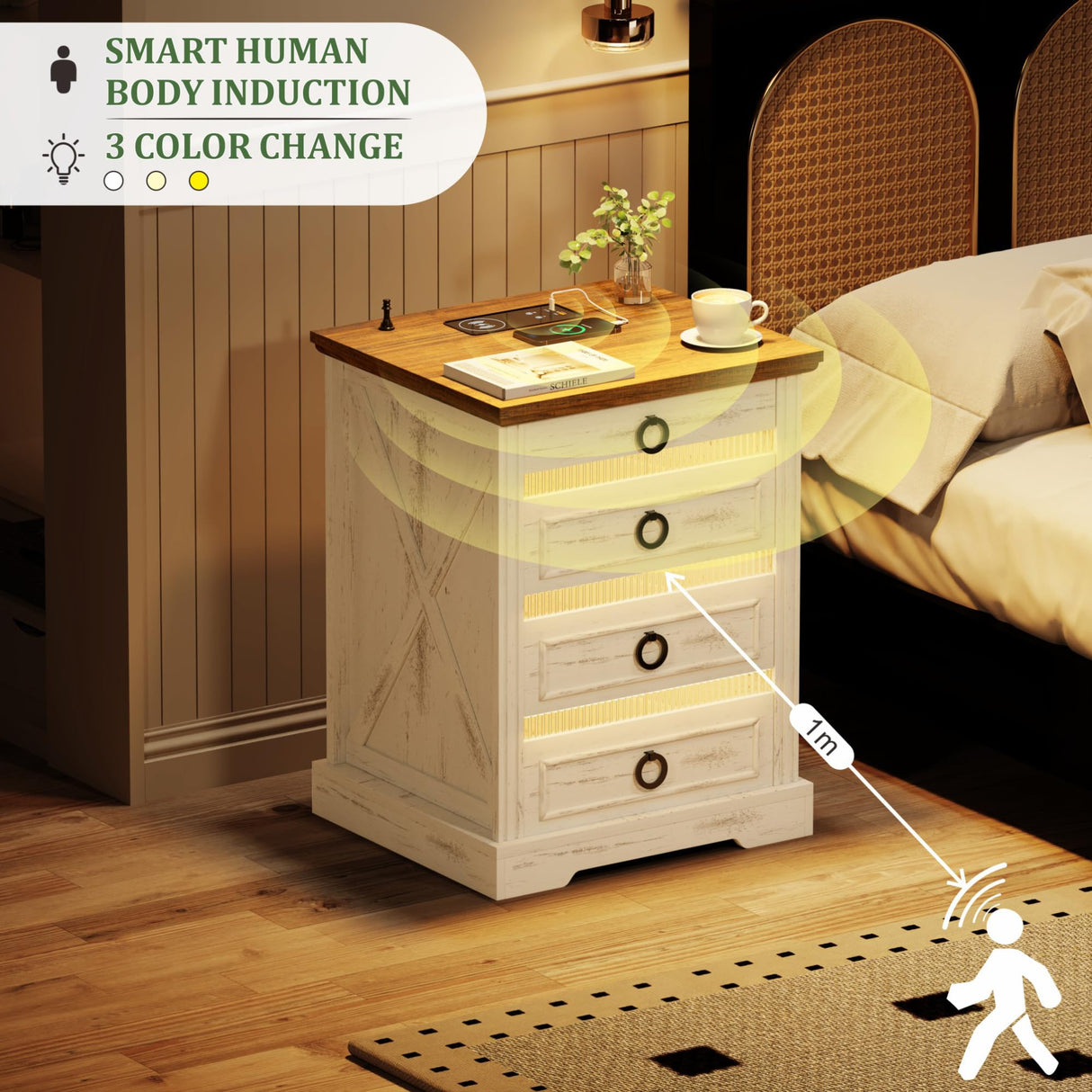 TAGELIER Night Stand Set 2 with Gun Drawer, Farmhouse Bedside Table with Charging Station, Gun Nightstand with LED Light & Human Sensor, Smart End Table for Bedroom, Antique White TAGELIER