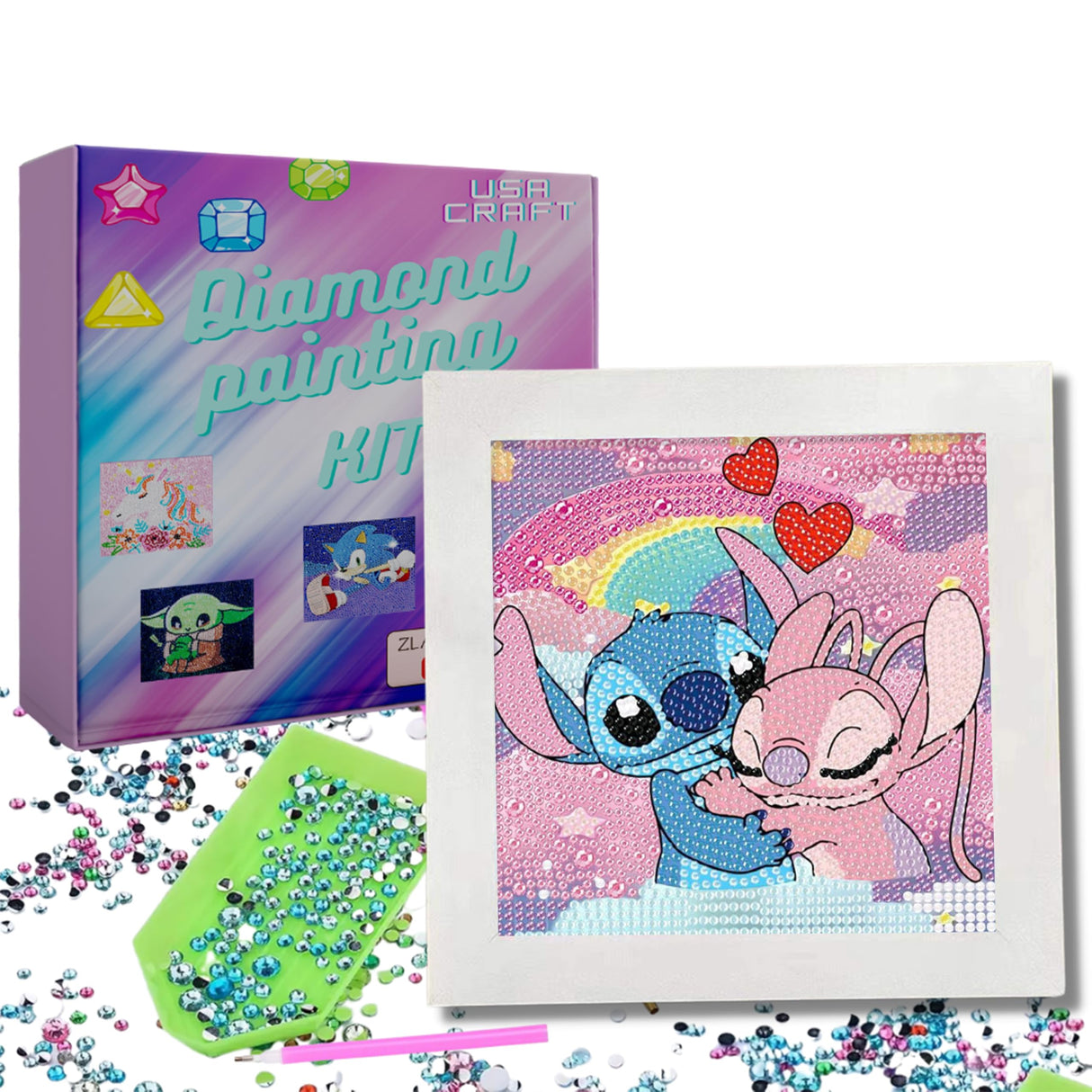USACRAFT Cute Diamond Painting Kits Large 7x7 Natural Wooden Frame, Pre-Mounted Canvas, Sparkling Crystal Gems, Pen, Arts & Crafts Tray, Gum. Famous Characters, Adorable Animals (ST.Love) USACRAFT