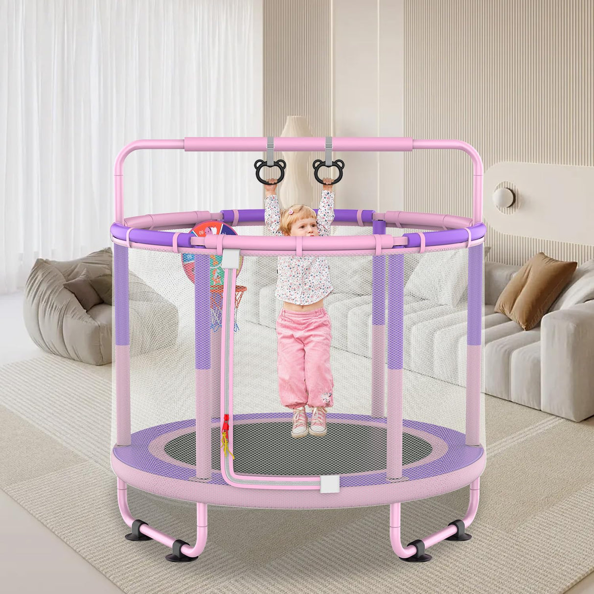 LANGXUN 60" Trampoline for Kids, 5ft Toddler Mini 6-in-1 Trampoline Indoor Outdoor with Swing, Basketball Hoop, Dart Board, Gymnastics Bar, Rings, Christmas Toys Birthday Gifts for Girls Boys Age 1-8 LANGXUN