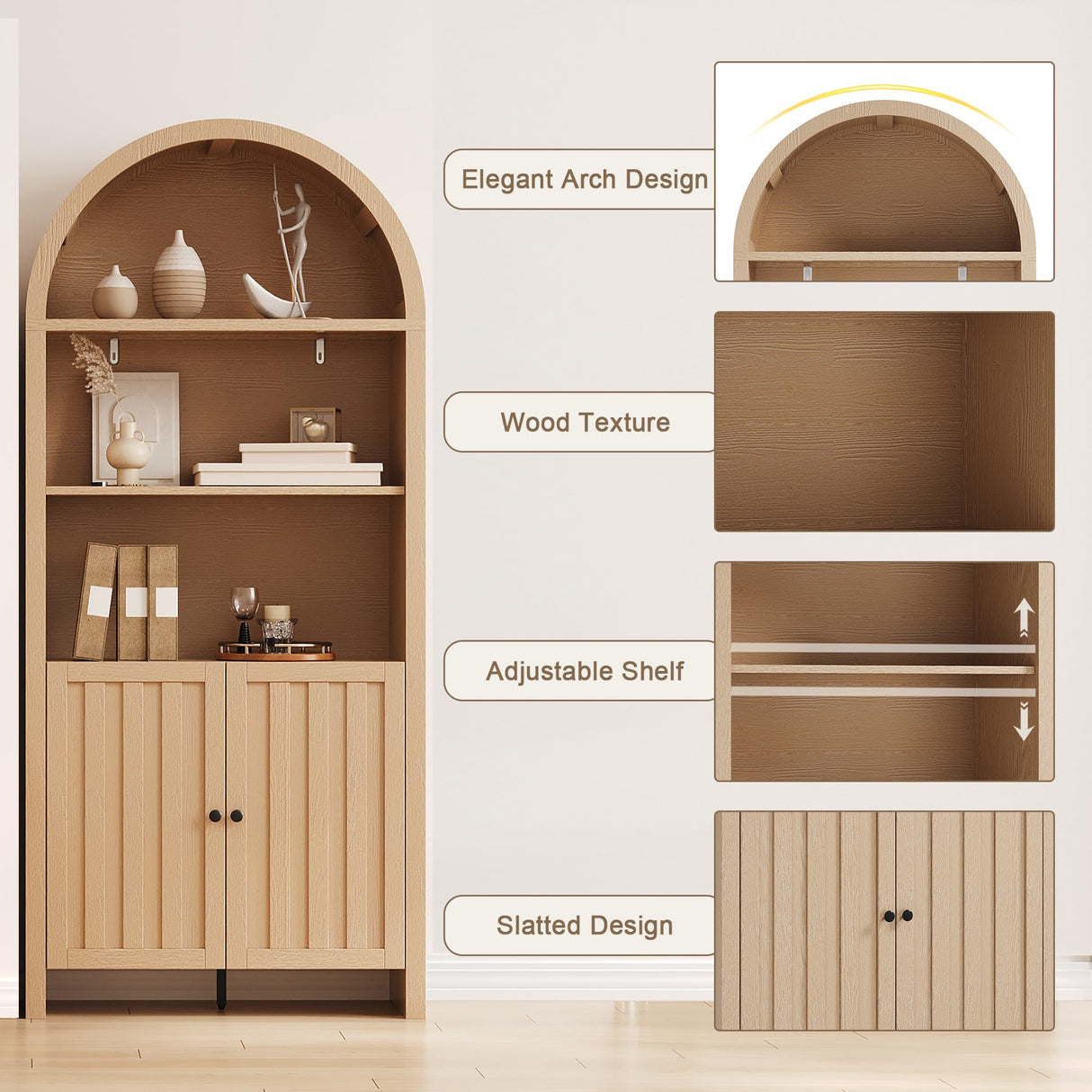 ChooChoo Arched Bookcase with Doors, 3-Tier Farmhouse Bookcase with Adjustable Shelf, Tall Arched Bookshelf for Office, Living Room, Natural ChooChoo