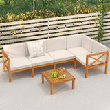 Tangkula 6 Pieces Acacia Wood Patio Furniture Set, Outdoor Sectional Conversation Set with Cushions and Coffee Table, L Shaped Corner Sofa Set for Garden, Porch, Poolside and Backyard (Off White) Tangkula