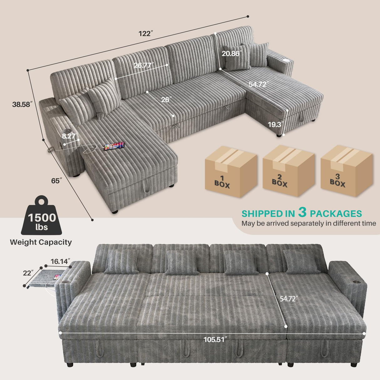 Sleeper Sectional Sofa, 122" Modern U Shaped Couch with Pull Out Bed, Convertible Corduroy Cloud Sofa with Double Storage Chaise, USB, Small Desktop, Comfy Modular Couch for Living Room, Light Grey ZHCREAL