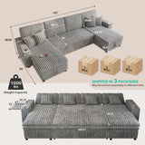 Sleeper Sectional Sofa, 122" Modern U Shaped Couch with Pull Out Bed, Convertible Corduroy Cloud Sofa with Double Storage Chaise, USB, Small Desktop, Comfy Modular Couch for Living Room, Light Grey ZHCREAL