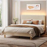 Bestier Queen Bed Frame with Adjustable Headboard, LED Lighting, Vertical Channel Tufted Corduroy Upholstered, Solid Wooden Slats Support, No Box Spring Needed, Never Squeaks, Easy Assembly, Beige Bestier