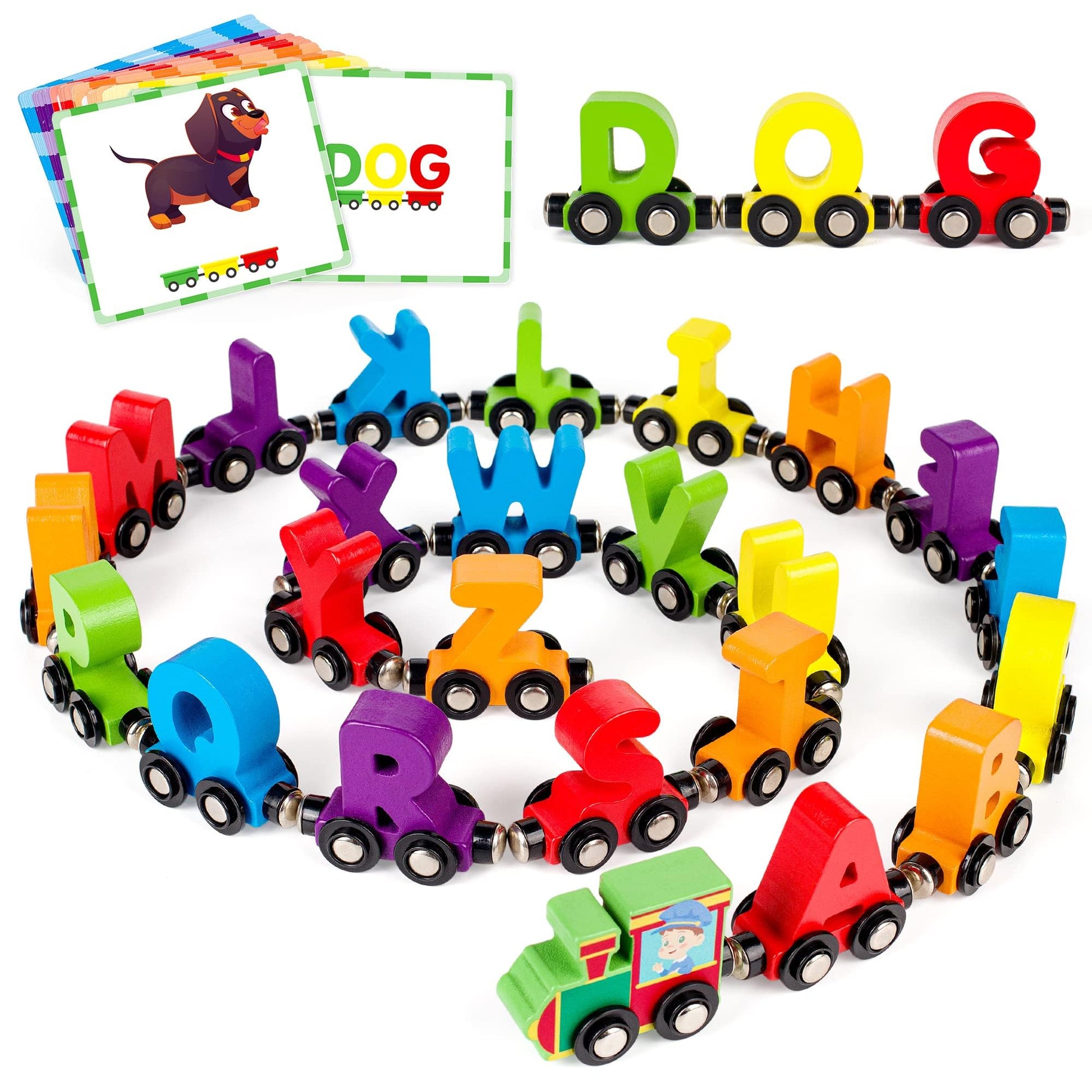 Vanmor 27 PCS Magnetic Wooden Alphabet Train Sets | ABC Letter Learning Toy Trains with 42 PCS Flash Cards, 1 Engine, 1 Storage Bag | Toddlers Kids Boys Girls Educational Toys for 3 4 5 6 7 Y - WoodArtSupply