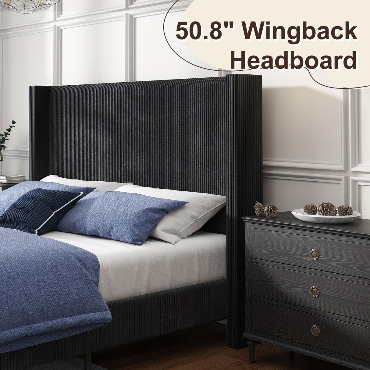 HOWE King Size Upholstered Bed Frame, Wingback Platform Bed with 50.8" Headboard, Corduroy/Solid Wood Leg/No Box Spring Needed/Noise Free/Black HOWE