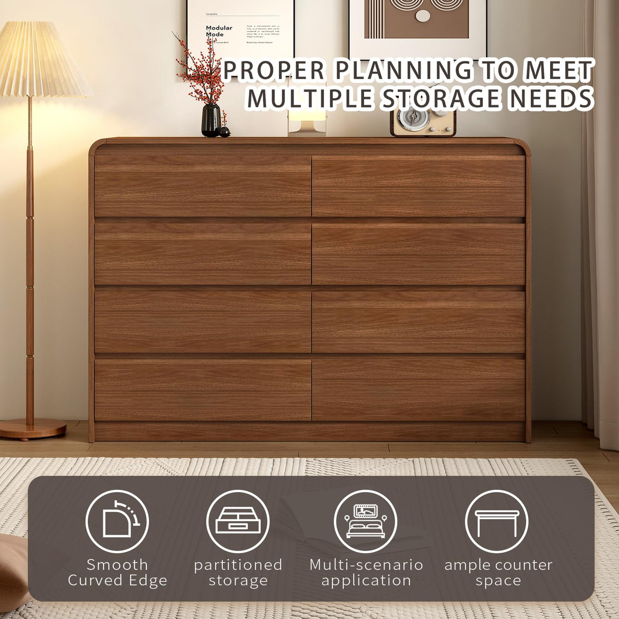 Messenya Modern 8-Drawer Dresser 55-Inch Wide, Curved Anti-Collision Design, Mid-Century Storage Cabinet with Pre-Embedded Slots, Sturdy Reusable, Ideal for Bedroom/Living Room/TV (Brown, 8-55.1) Messenya