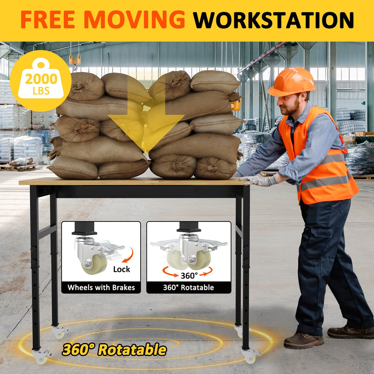 Kieperi 48” Chipboard Work Bench with Drawers, Heavy Duty Adjustable Workbench with Power Outlet and Wheels, 2000 Lbs Capacity Workstation for Garage Kieperi