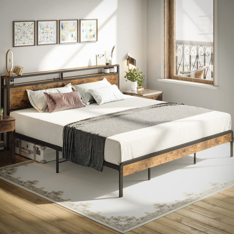 LIKIMIO King Size Platform Bed Frame with 2-Tier Storage Headboard in Vintage Brown LIKIMIO