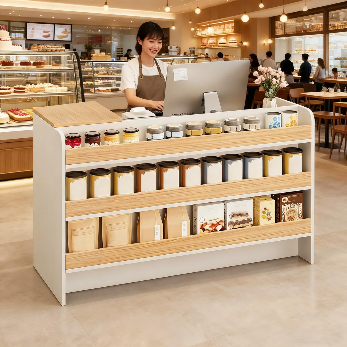 Modern Reception Desk Counter, Retail Counter Reception Desk with Lockable Drawers, Retail Checkout Counter with Open Shelves ZGGJZKV