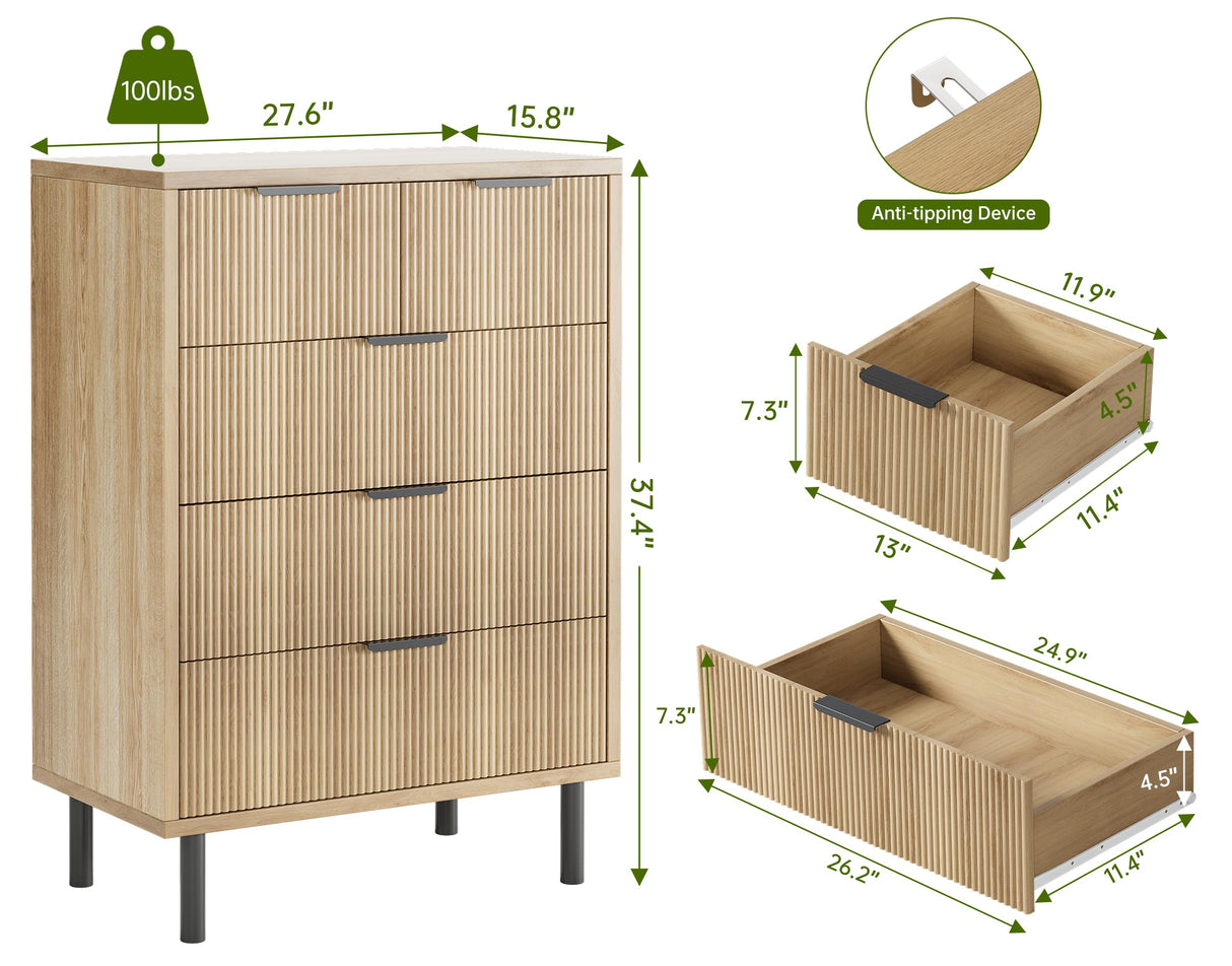 GarveeHome Oak Fluted 5 Drawer Dresser for Bedroom, Modern Wood Chest of Drawers with Wide Drawers, Closet Dresser Organizer with Anti-Tipping Device and Metal Legs for Hallway Entryway GarveeHome