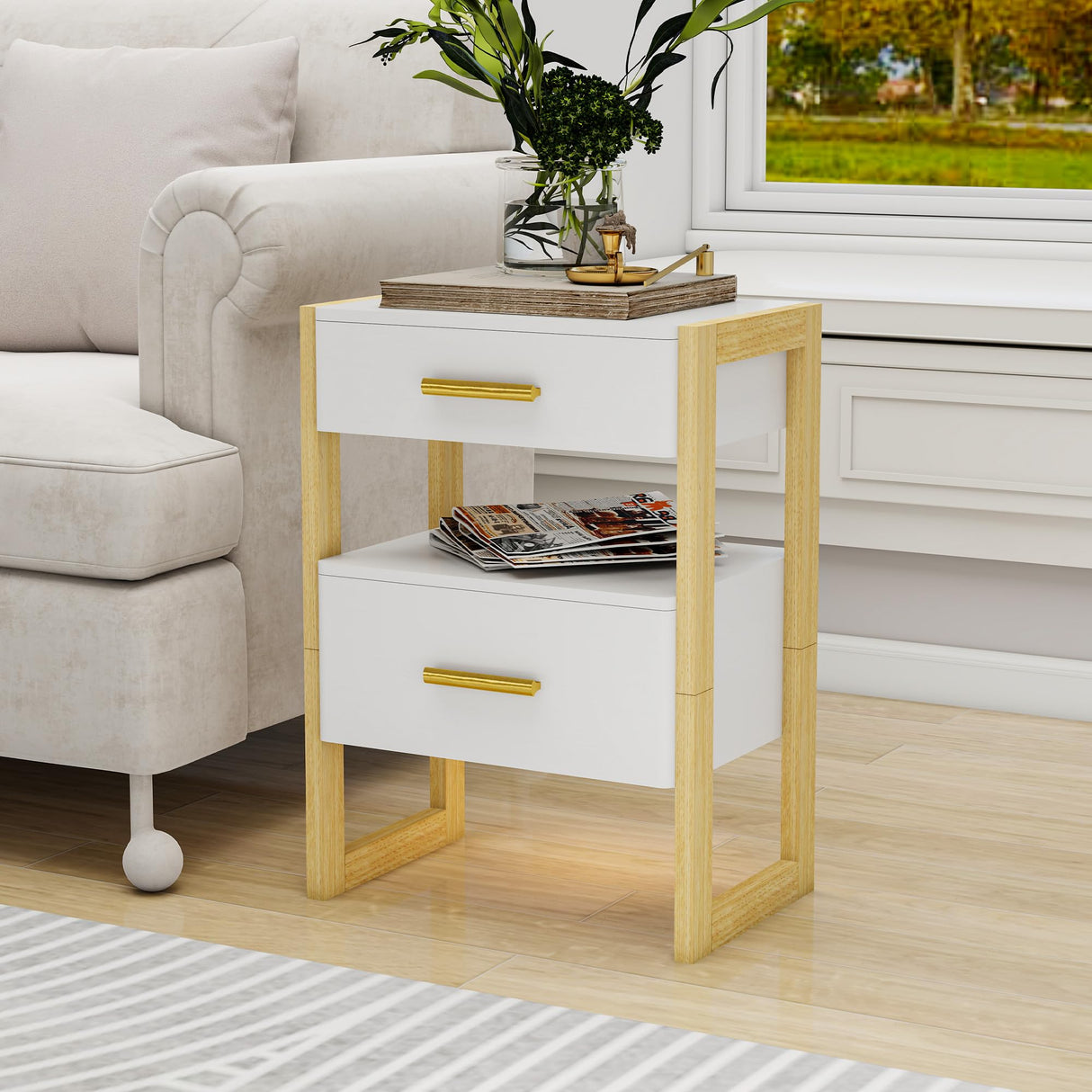 Edospaen Solid Wood Nightstand Night Stand with Motion Sensor Night Light & Storage Drawer, Wooden Bedside Table End Table Sofa Side Table Edospaen