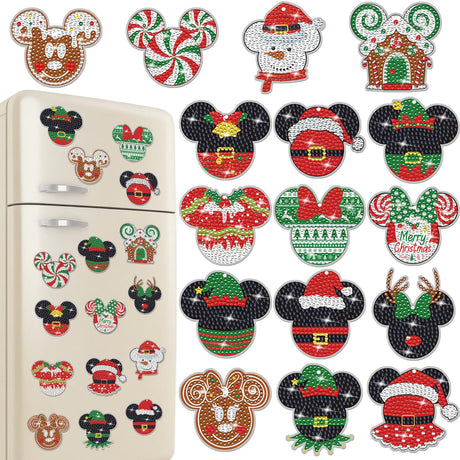 RiVolTa Christmas Diamond Art Kits - 16 Pcs Mouse Head Painting Magnets Refrigerator Cute Snowman Santa Claus Magnetic Stickers Dotz Ornaments for Adults Kids DIY Crafts Xmas Fridge Home Decals Decor RiVolTa