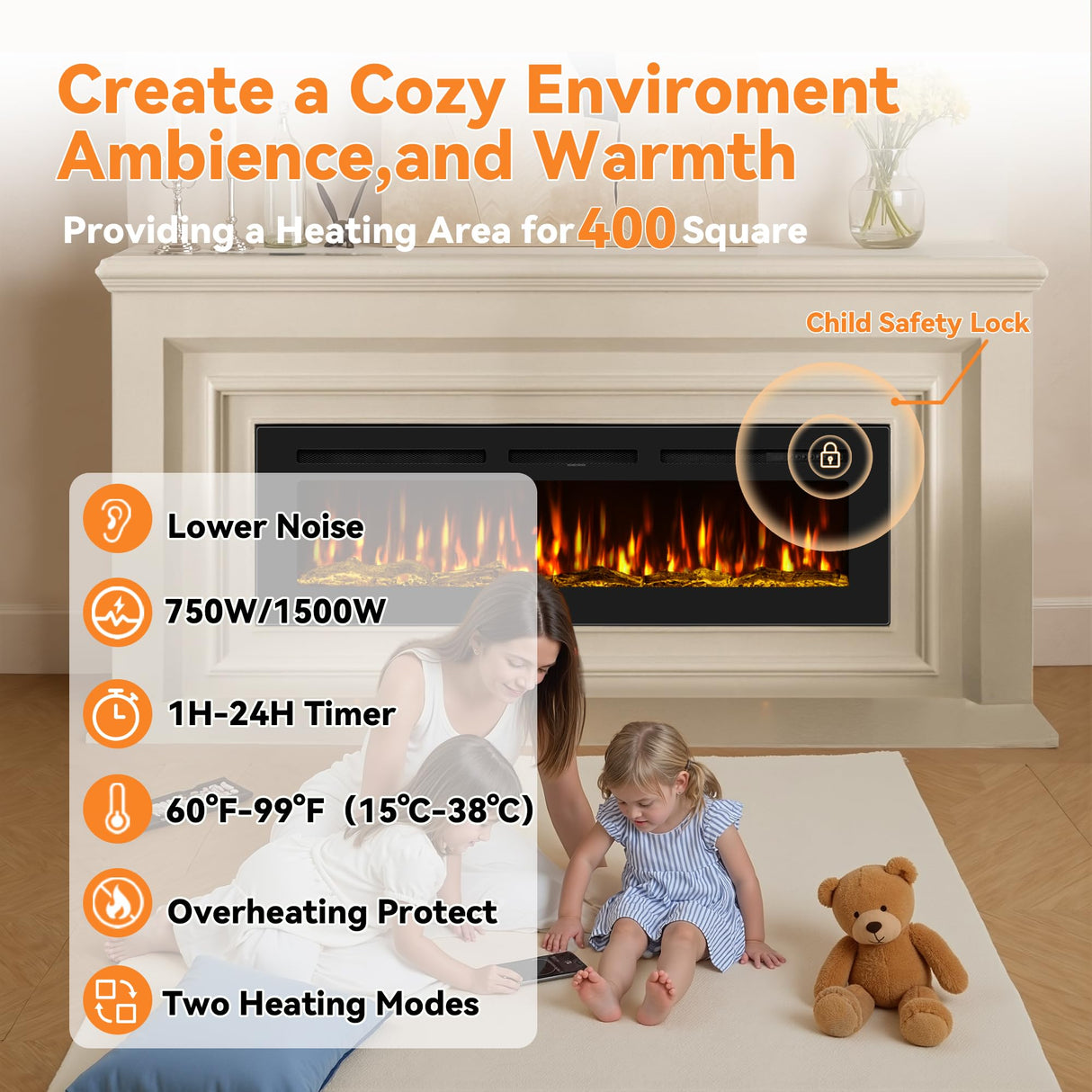 Urbansync Electric Fireplace 60 Inch Recessed and Wall Mounted Black Log and Crystal, 12-Color Flame, Timer, Low Noise, 750/1500W, Touch Screen and Remote Control, Adjustable Flame Color Speed. Urbansync