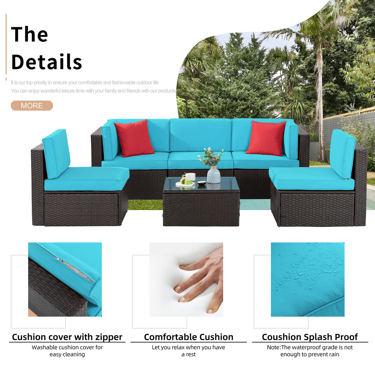 Shintenchi 6 Pieces Patio Furniture Sets Outdoor All-Weather Sectional Patio Sofa Set PE Rattan Manual Weaving Wicker Patio Conversation Set with Glass Table & Ottoman Cushion and Red Pillows, Blue Shintenchi