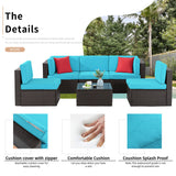 Shintenchi 6 Pieces Patio Furniture Sets Outdoor All-Weather Sectional Patio Sofa Set PE Rattan Manual Weaving Wicker Patio Conversation Set with Glass Table & Ottoman Cushion and Red Pillows, Blue Shintenchi