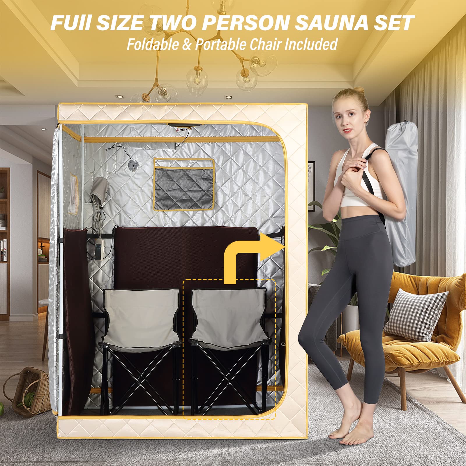 Smartmak Full Size Far Infrared Sauna, Two Person Home SPA with Time & Temperature Remote, Chairs, Light, Oversized 1 or 2 Person Privacy Indoor Saunas for Relaxation, BeigeGold - WoodArtSupply