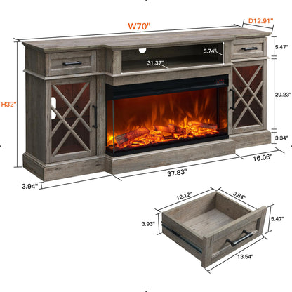 OKD 3-Sided Glass Farmhouse Fireplace TV Stand for TVs up to 80'', Highboy Entertainment Center with Glass Door Storage Cabinet, 70'' Large TV Stands with 36'' Electric Fireplace, Light Rustic Oak