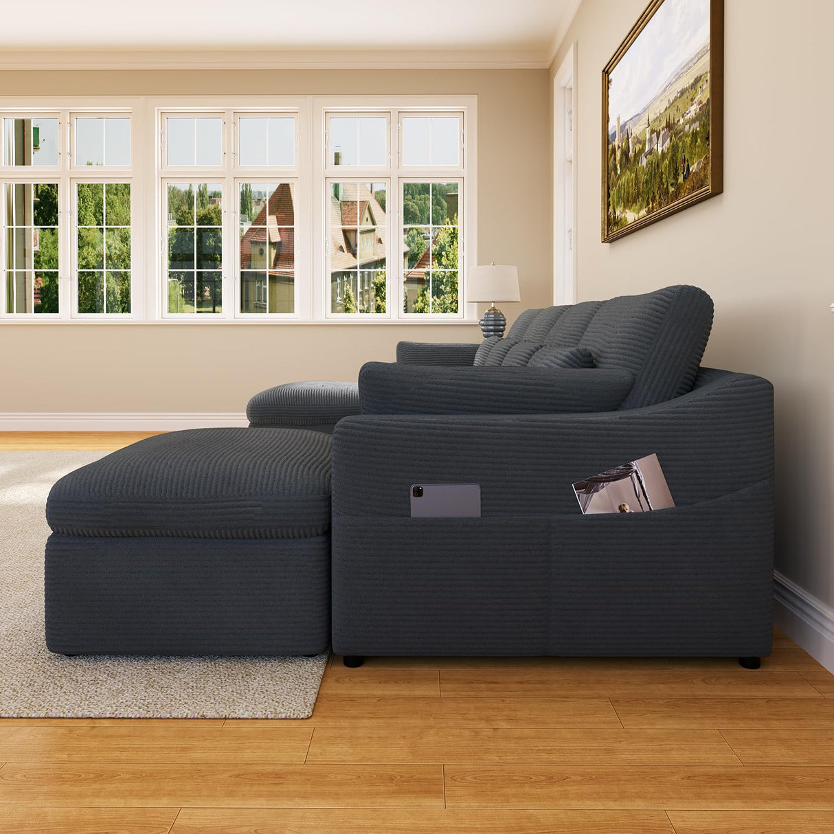 ISHUHL Cloud Modular Sectional Sofa, 124" Oversized Sectional Couches for Living Room, Convertible Deep Seat Sofa Set, Corduroy U Shaped Couch with 2 Ottoman (Dark Grey) ISHUHL