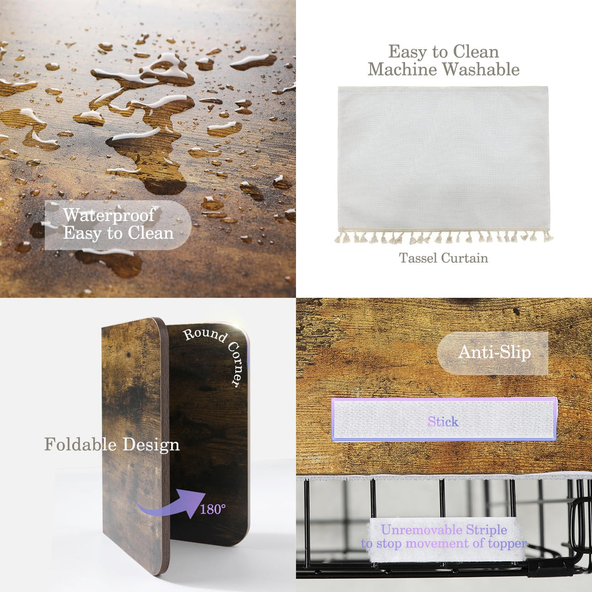 VIE DE AMAN Dog Crate Topper Wood for 24 30 36 42 48 inch Cages, Dog Crate Table Topper Foldable Dog Kennel Topper with Tassel Curtain, Rustic Style Top Rustic Brown(Crate Not Include) VIE DE AMAN