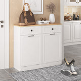 Vabches Trash Cabinet Double Trash Can, Dog Proof Tilt Out Trash Bin Holder, Hideaway Free Standing Recycling Cabinet with 2 Drawers for Kitchen Living Room White Vabches