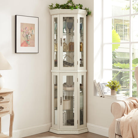 Makaseiya 70" Lighted Corner Curio Cabinet,Inside Mirror Corner Glass Display Case with Tempered Glass Door for Living Room, Antique Collectibles, Wine & Bar Glass Storage, Lights Included Makaseiya