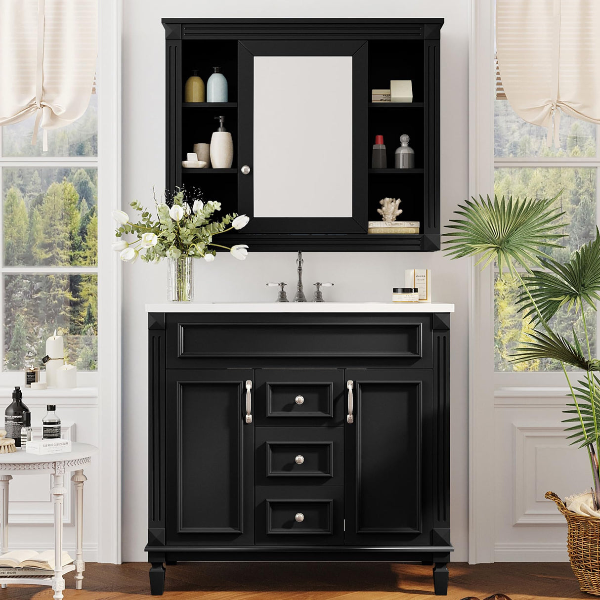 Marzzi 36" Bathroom Vanity with Sink & Matching Medicine Cabinet, 36 inch Bathroom Vanity Storage Cabinet with Sink Top, 2 Drawers, and Mirror Cabinet Marzzi