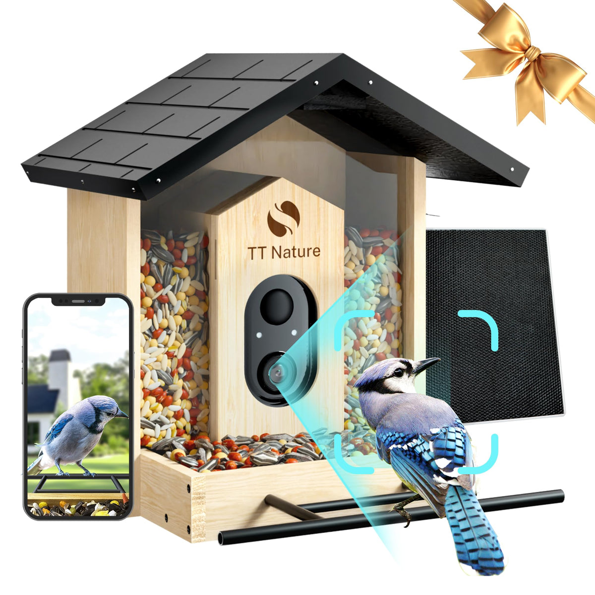 TT Nature Bird Feeder with Camera Solar Powered, Upgraded 1.5L Smart Bird Feeder Camera for Bird Watching, Auto Capture & Instant Real-time Notifications, Ideal Gift for Bird Lovers TT Nature