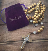 Nazareth Store Wood Beads Rosary Necklace Saint Benedict Medal & Catholic Cross Religious Prayer Chaplet String Handmade - Velvet Bag Nazareth Store