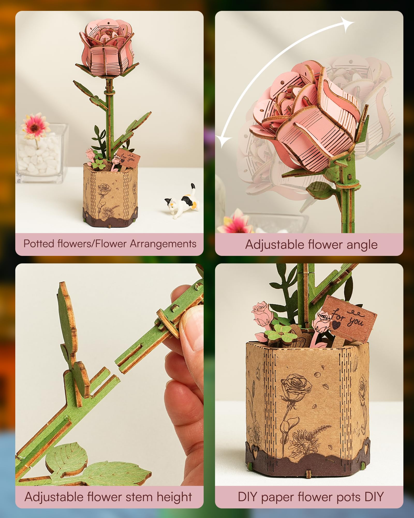 ROBOTIME 3D Puzzles Wooden Flower Pink Rose DIY Model Building Kit to Build for Adults Artifical Bouquet Botanical Collection Craft Brain Teaser Puzzle Creative Gift Home Decor - WoodArtSupply