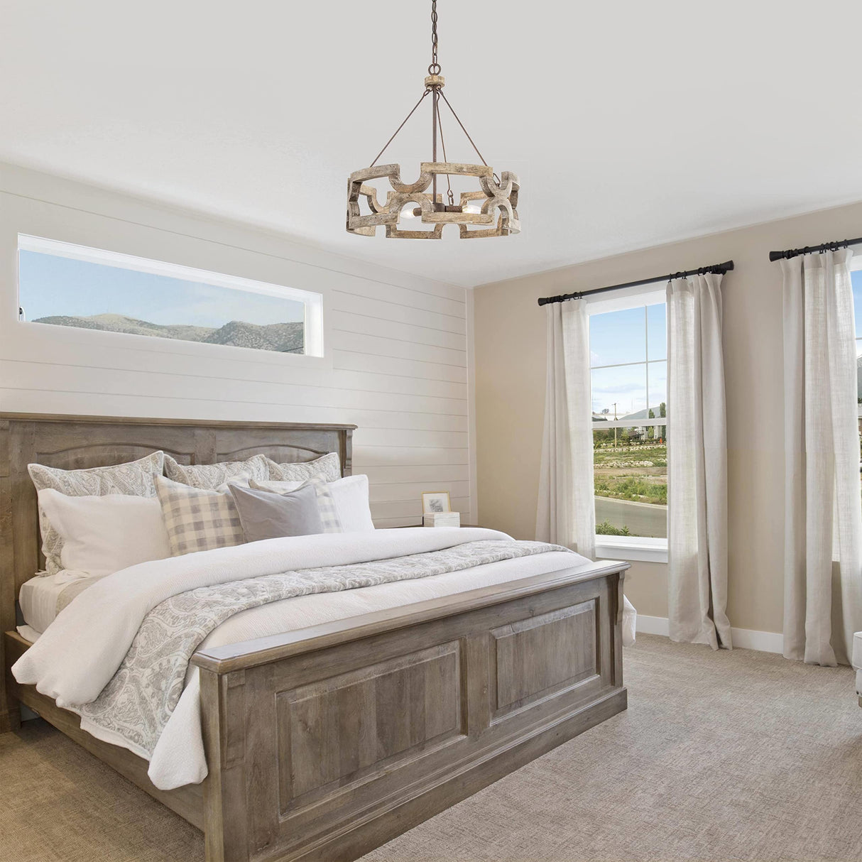 GEPOW Farmhouse Wood Chandelier, Round Drum Light Fixture for Dining Room, Living Room, Bedroom, Kitchen Island and Foyer GEPOW