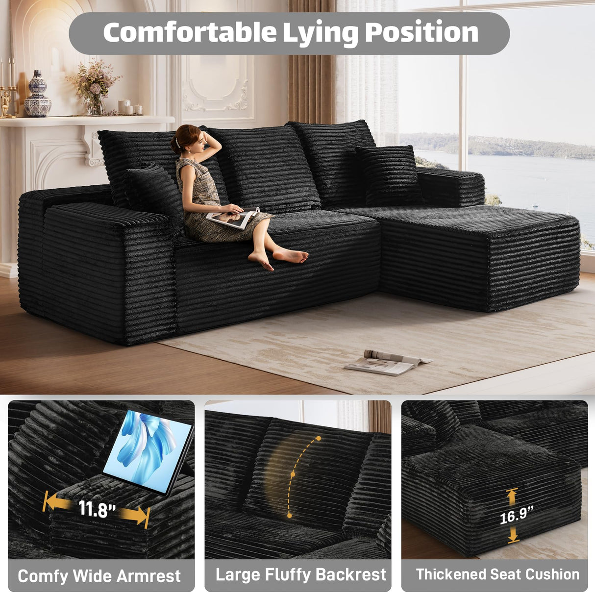 ONEMMLION Cloud Couch Sectional Modular Sofa, 107.5" Comfy Black L Shaped Boneless Couches for Living Room, Deep Seat Plush Corduroy Couch Sectional Memory Foam Sofa(Black, Right Facing Chaise) ONEMMLION
