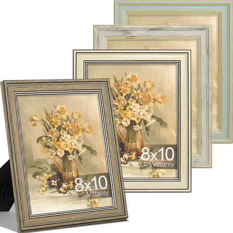 Vittanly 8x10 Picture Frame Set of 4, Vintage Photo Frame for Wall or Tabletop, Display 5x7 Pictures with Mat or 8x10 without Mat, Rustic Farmhouse Home Decor, Multicolour Vittanly