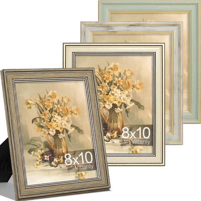 Vittanly 8x10 Picture Frame Set of 4, Vintage Photo Frame for Wall or Tabletop, Display 5x7 Pictures with Mat or 8x10 without Mat, Rustic Farmhouse Home Decor, Multicolour