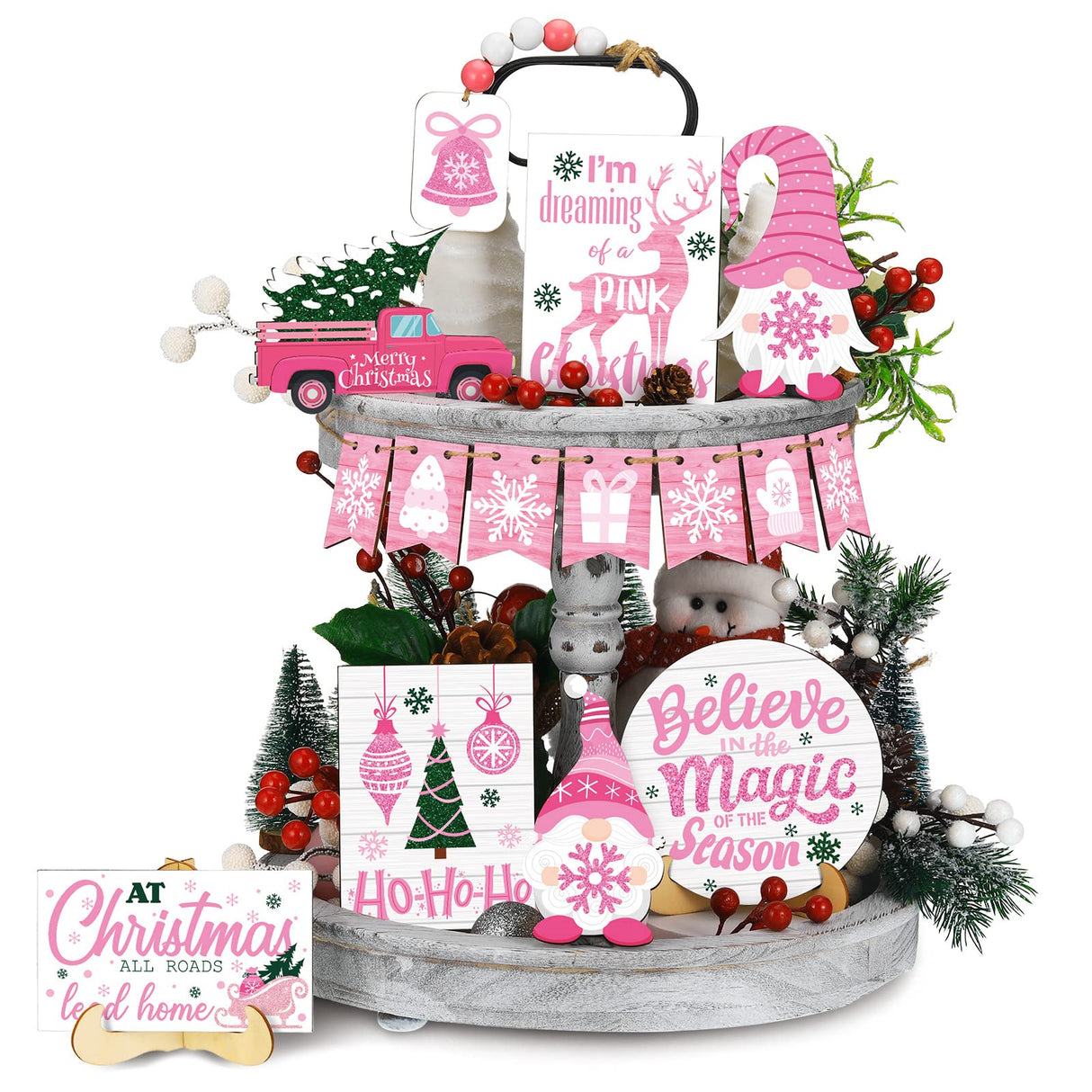 Bucherry 15 Pieces Christmas Tiered Tray Decor Gingerbread Christmas Farmhouse Table Decorations Tiered Tray Xmas Decor Set Winter Wooden Sign Tabletop for Xmas Party (Romantic Style) Bucherry