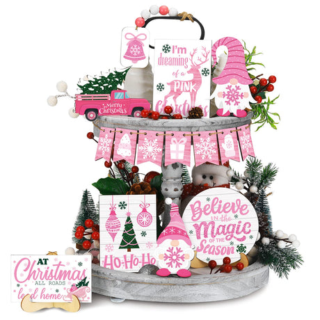 Bucherry 15 Pieces Christmas Tiered Tray Decor Gingerbread Christmas Farmhouse Table Decorations Tiered Tray Xmas Decor Set Winter Wooden Sign Tabletop for Xmas Party (Romantic Style) Bucherry
