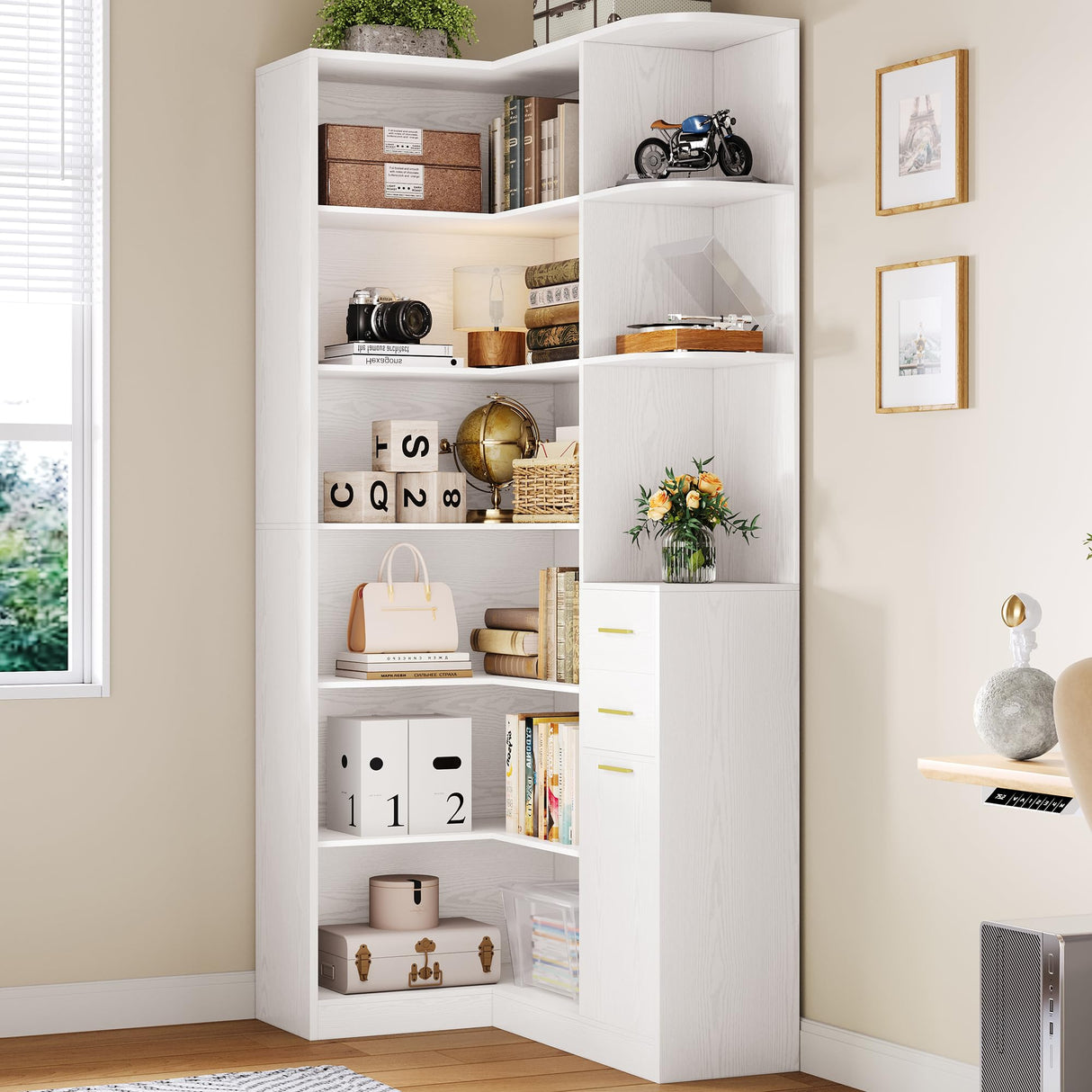 IRONCK Corner Bookshelf, 76" Tall Corner Bookshelves, 6 Tiers L-Shaped Bookcase with 10 Open Shelves and 2 Storage Drawers for Living Room or Home Office IRONCK