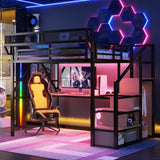 Metal Loft Bed with Desk and RGB LED Lights, Full Size Loft Bed with Stairs and Charging Station,Kids Loft Beds with Storage Shelves for Upper and Wardrobe,Loft Beds Frame for Kids Teens, Black Duxelifin
