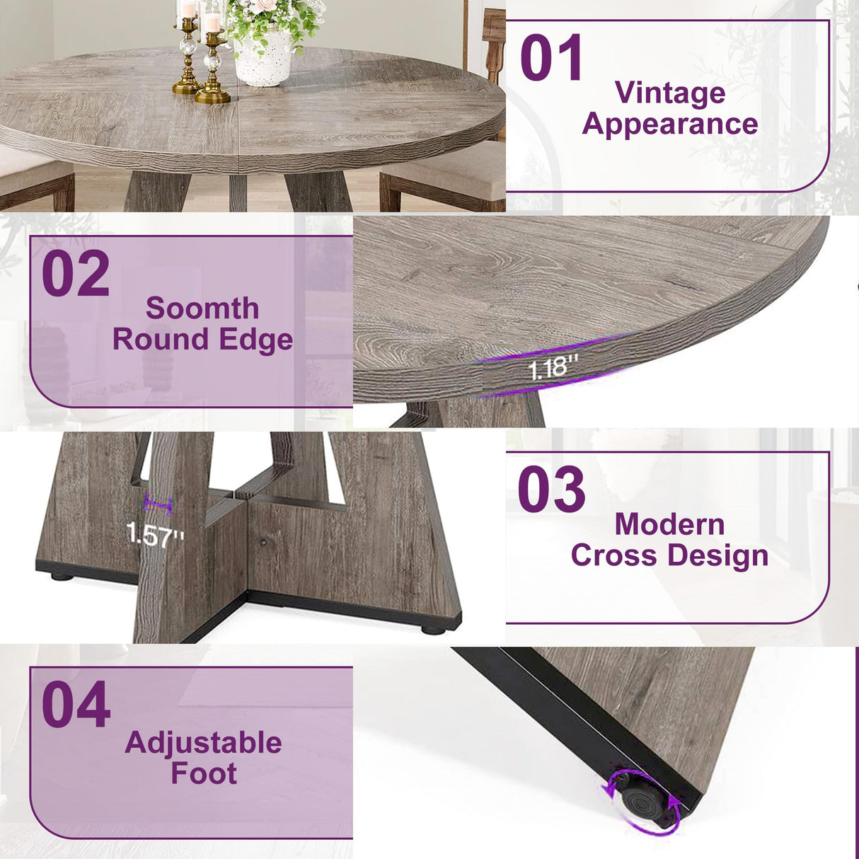 HIGREENA Round Dining Table for 4, 47" Wooden Kitchen Dinner Table Rustic, Farmhouse Table for Dining Room, Living Room, Gery HIGREENA